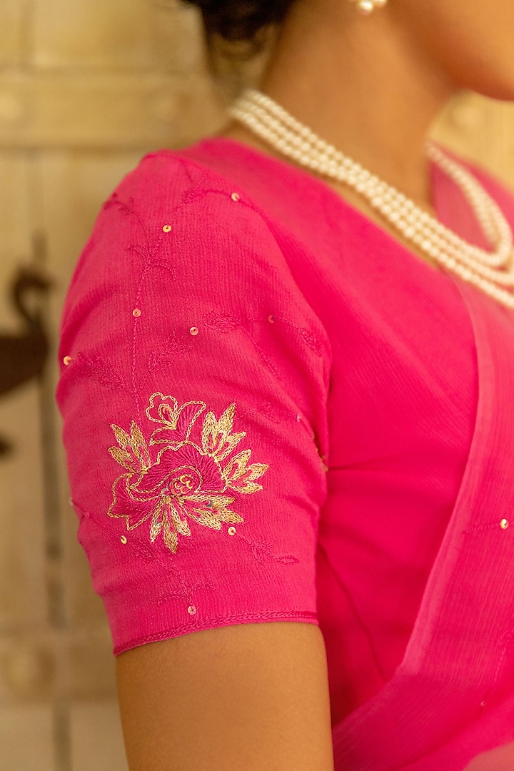 Pink Chiffon Hand Embroidered Pre-Draped Wedding Saree Set by Geroo Jaipur at Pernia's Pop Up Shop