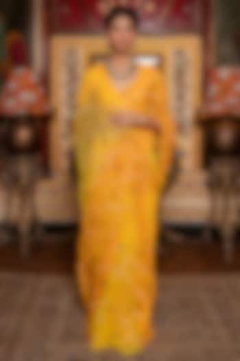 Orange Chiffon Jaal Work Pre-Draped Wedding Saree Set by Geroo Jaipur at Pernia's Pop Up Shop