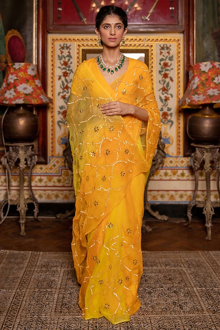 Orange Chiffon Jaal Work Pre-Draped Wedding Saree Set by Geroo Jaipur at Pernia's Pop Up Shop