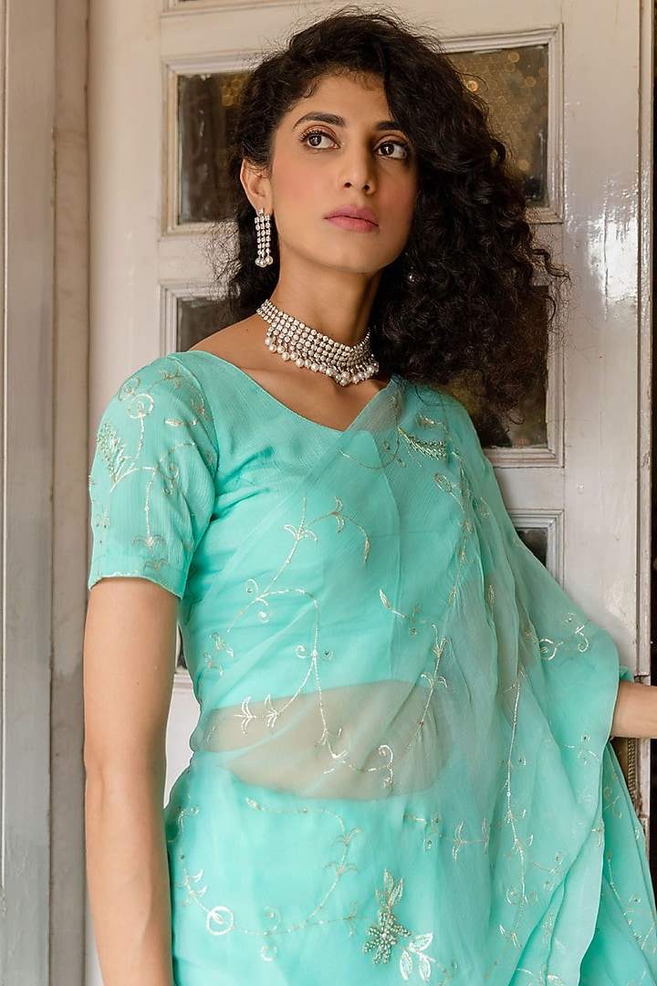 Blue Chiffon Hand Embroidered Pre-Draped Wedding Saree Set by Geroo Jaipur at Pernia's Pop Up Shop