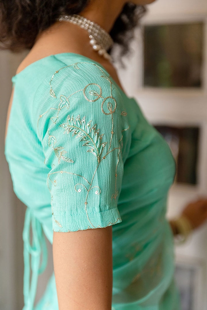 Blue Chiffon Hand Embroidered Pre-Draped Wedding Saree Set by Geroo Jaipur at Pernia's Pop Up Shop