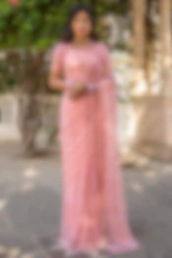 Pastel Pink Chiffon Jaal Work Pre-Draped Wedding Saree Set by Geroo Jaipur at Pernia's Pop Up Shop