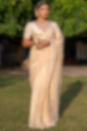 Beige Chiffon Jaal Work Pre-Draped Wedding Saree Set by Geroo Jaipur at Pernia's Pop Up Shop