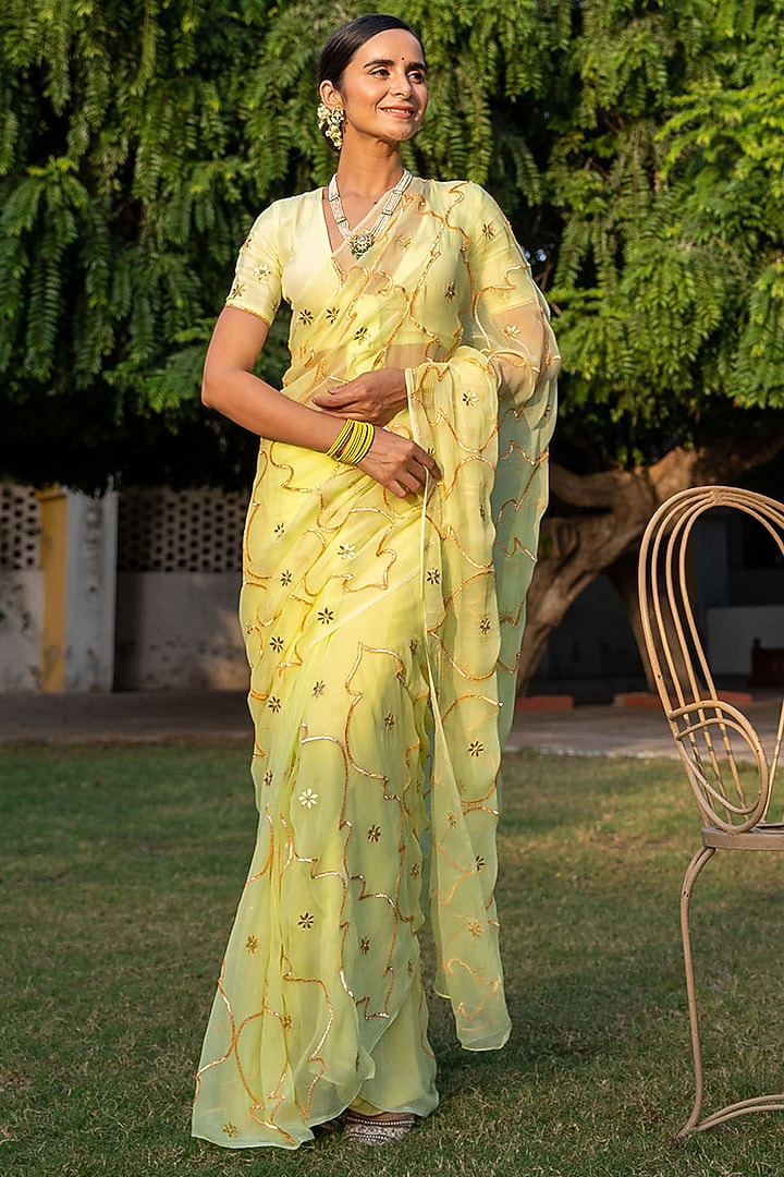 Lime Green Chiffon Jaal Work Pre-Draped Wedding Saree Set by Geroo Jaipur at Pernia's Pop Up Shop