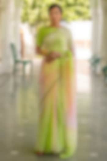 Multi-Colored Chiffon Hand Embroidered Pre-Draped Wedding Saree Set by Geroo Jaipur at Pernia's Pop Up Shop