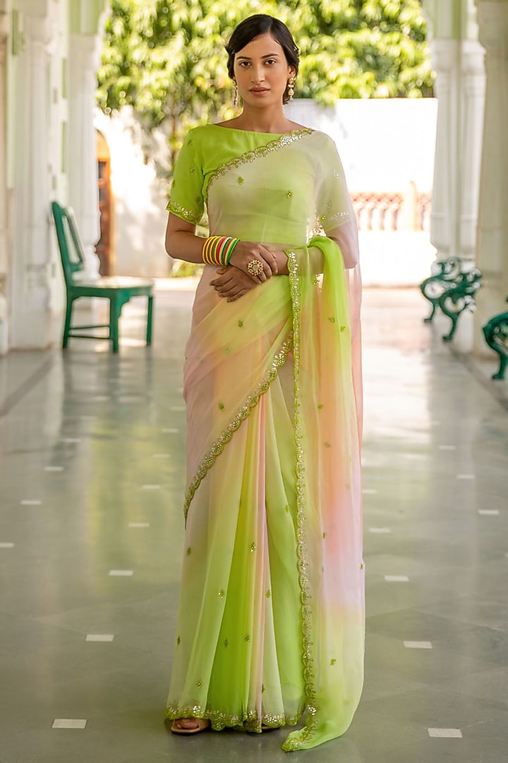 Multi-Colored Chiffon Hand Embroidered Pre-Draped Wedding Saree Set by Geroo Jaipur at Pernia's Pop Up Shop
