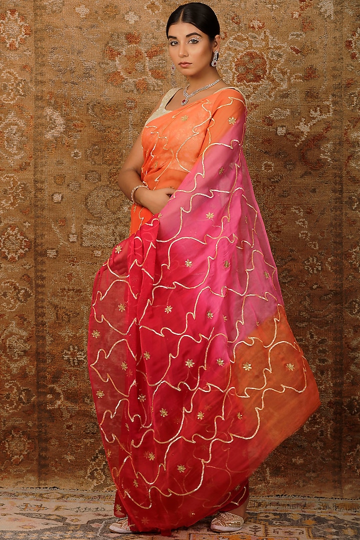 Pink Chiffon Jaal Work Pre-Draped Wedding Saree Set by Geroo Jaipur at Pernia's Pop Up Shop