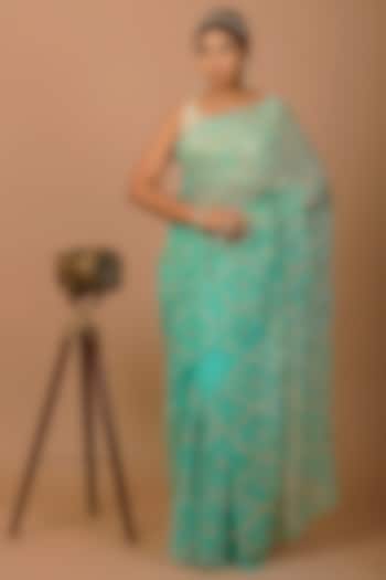 Sea Green Chiffon Jaal Work Pre-Draped Wedding Saree Set by Geroo Jaipur at Pernia's Pop Up Shop