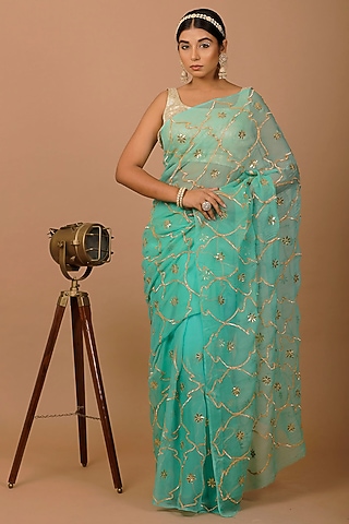 Sea Green Chiffon Jaal Work Pre-Draped Saree Set by Geroo Jaipur