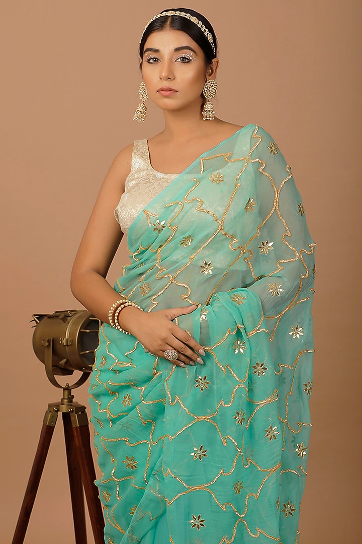 Sea Green Chiffon Jaal Work Pre-Draped Wedding Saree Set by Geroo Jaipur at Pernia's Pop Up Shop