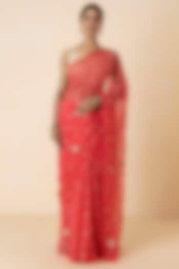 Pink Chiffon Hand Embroidered Pre-Draped Wedding Saree Set by Geroo Jaipur at Pernia's Pop Up Shop