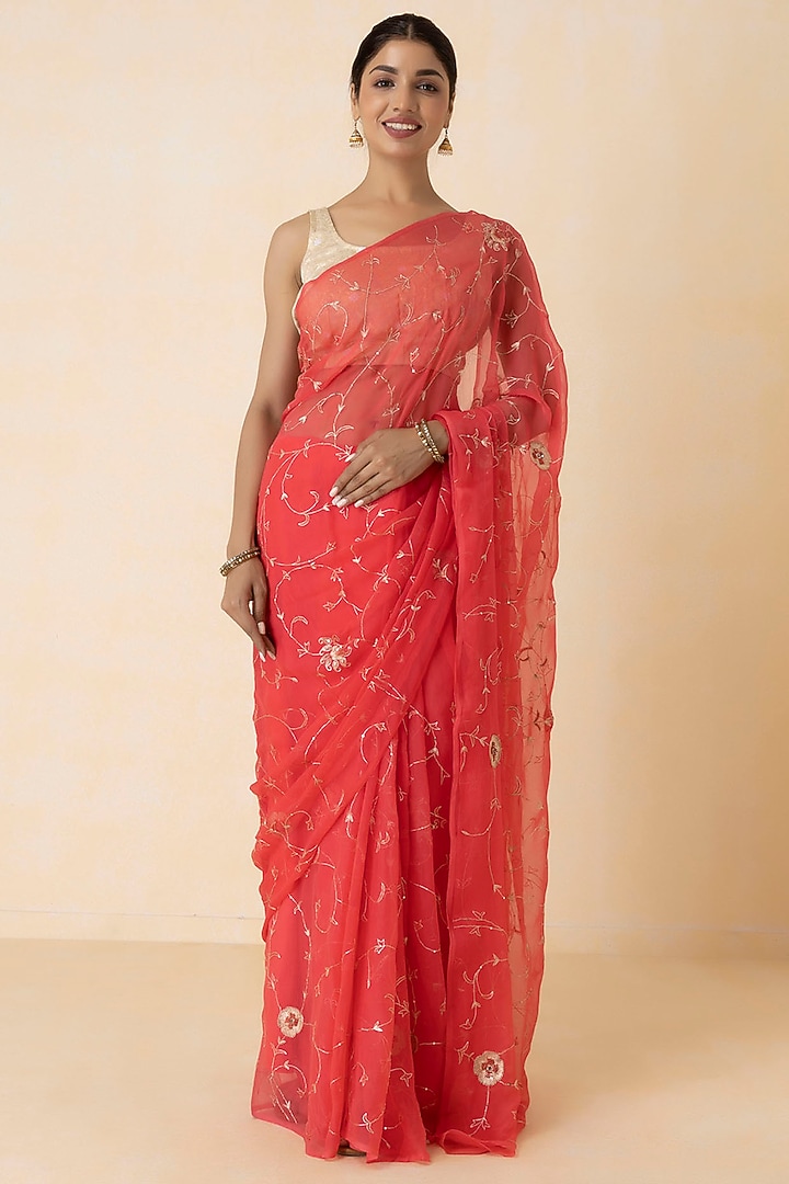 Pink Chiffon Hand Embroidered Pre-Draped Wedding Saree Set by Geroo Jaipur at Pernia's Pop Up Shop