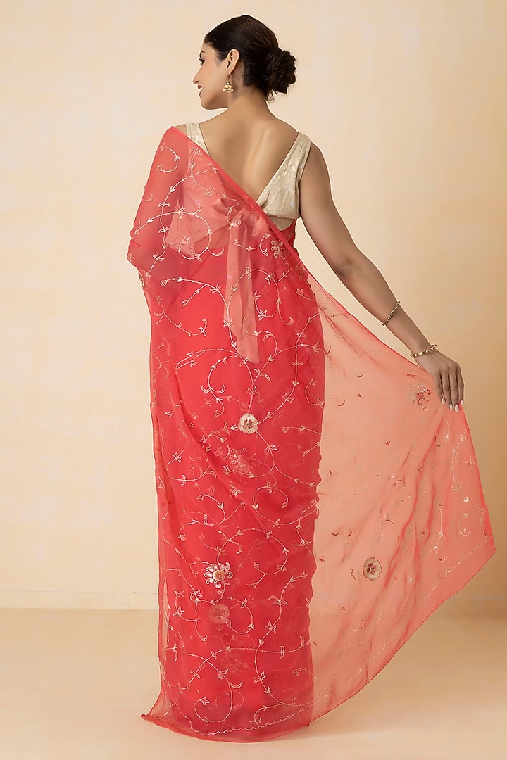Pink Chiffon Hand Embroidered Pre-Draped Wedding Saree Set by Geroo Jaipur at Pernia's Pop Up Shop
