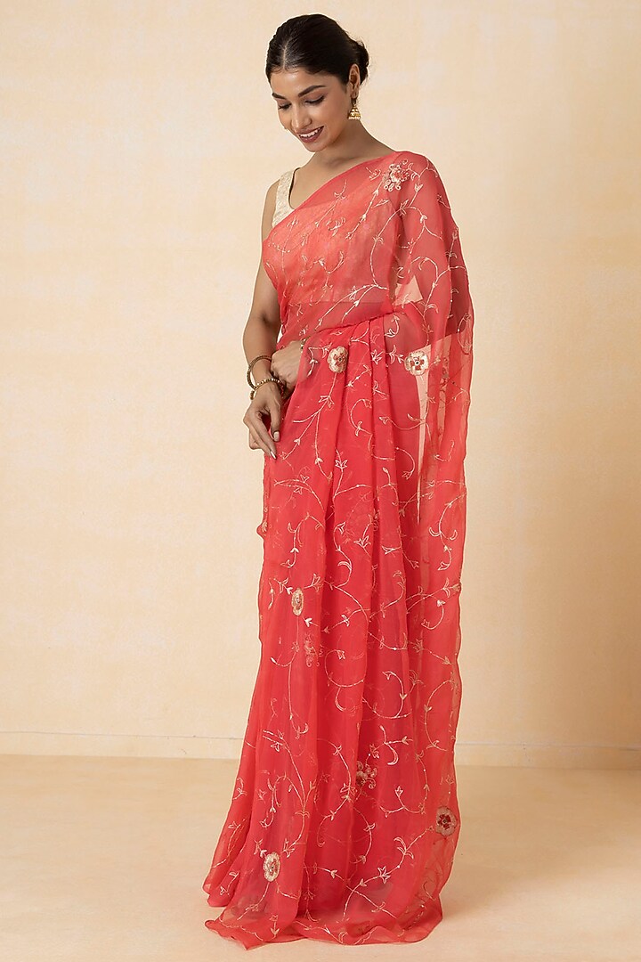Pink Chiffon Hand Embroidered Pre-Draped Wedding Saree Set by Geroo Jaipur at Pernia's Pop Up Shop