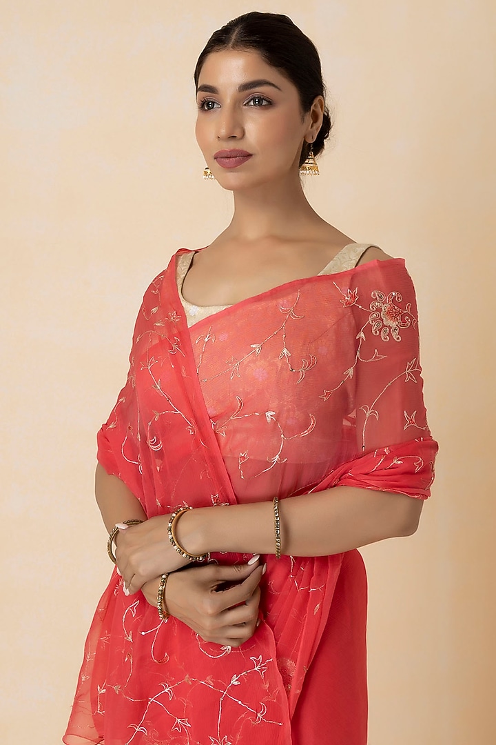 Pink Chiffon Hand Embroidered Pre-Draped Wedding Saree Set by Geroo Jaipur at Pernia's Pop Up Shop