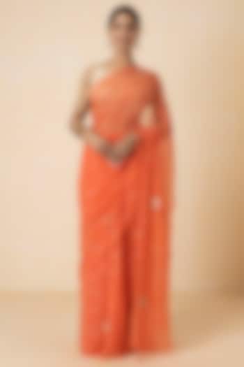 Peach Chiffon Embroidered Pre-Draped Wedding Saree Set by Geroo Jaipur at Pernia's Pop Up Shop