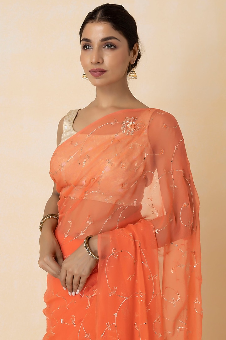 Peach Chiffon Embroidered Pre-Draped Wedding Saree Set by Geroo Jaipur at Pernia's Pop Up Shop