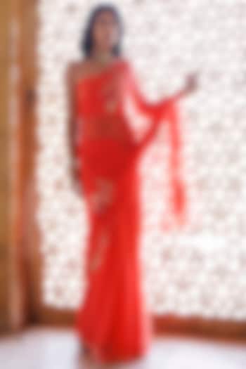 Peach Chiffon Embroidered Pre-Draped Wedding Saree Set by Geroo Jaipur at Pernia's Pop Up Shop