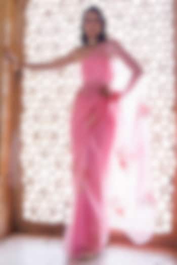 Blush Pink Chiffon Embroidered Pre-Draped Wedding Saree Set by Geroo Jaipur at Pernia's Pop Up Shop