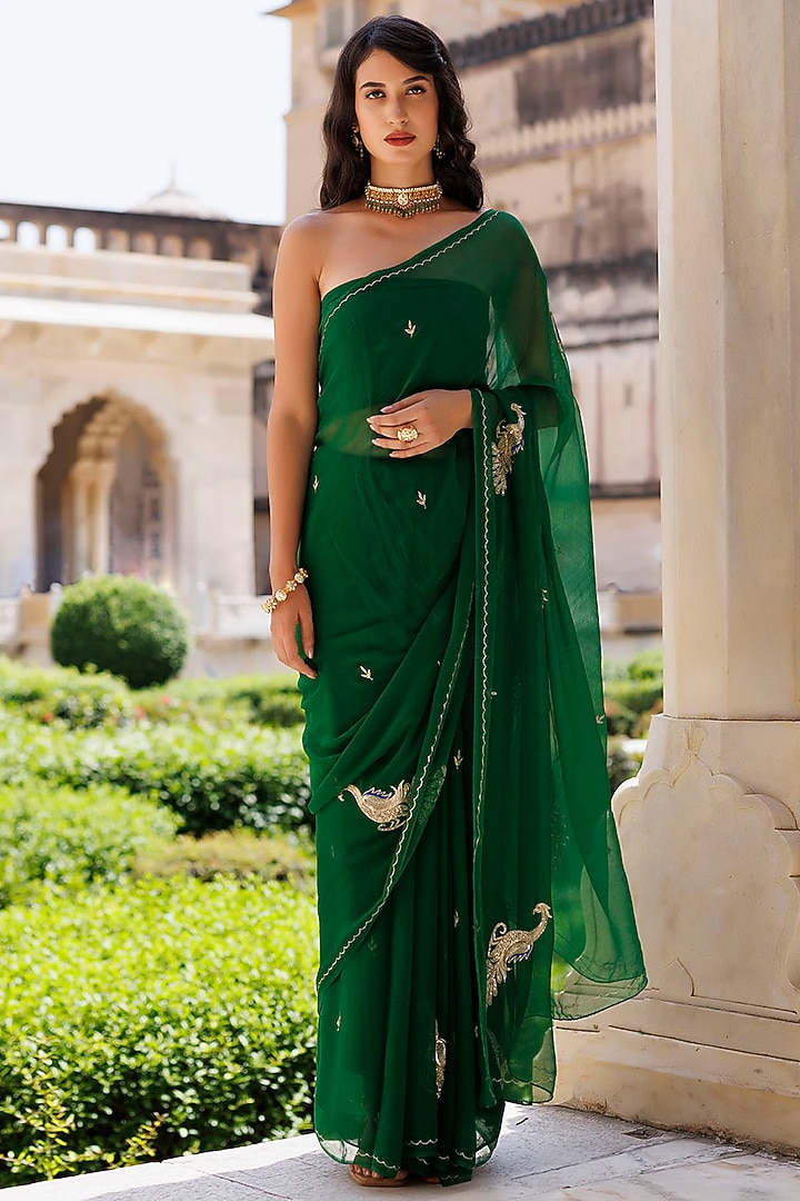 Green Chiffon Hand Embroidered Pre-Draped Wedding Saree Set by Geroo Jaipur at Pernia's Pop Up Shop