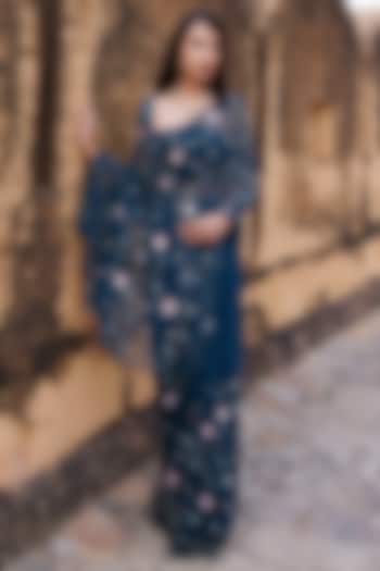 Blue Chiffon Jaal Work Pre-Draped Wedding Saree Set by Geroo Jaipur at Pernia's Pop Up Shop