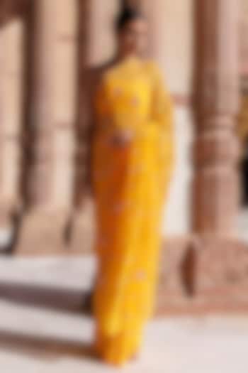 Yellow Chiffon Jaal Work Pre-Draped Wedding Saree Set by Geroo Jaipur at Pernia's Pop Up Shop