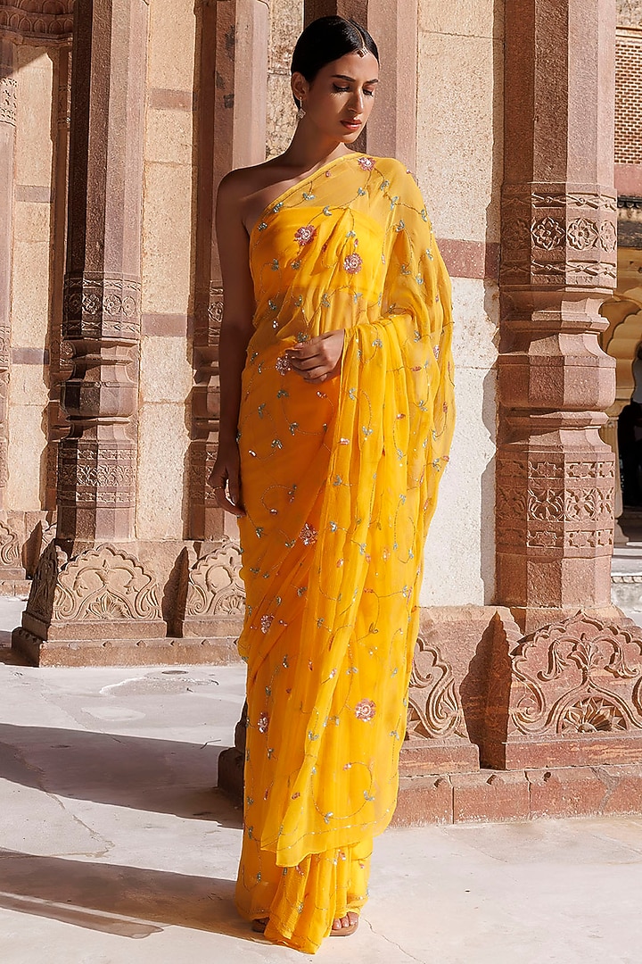 Yellow Chiffon Jaal Work Pre-Draped Wedding Saree Set by Geroo Jaipur at Pernia's Pop Up Shop