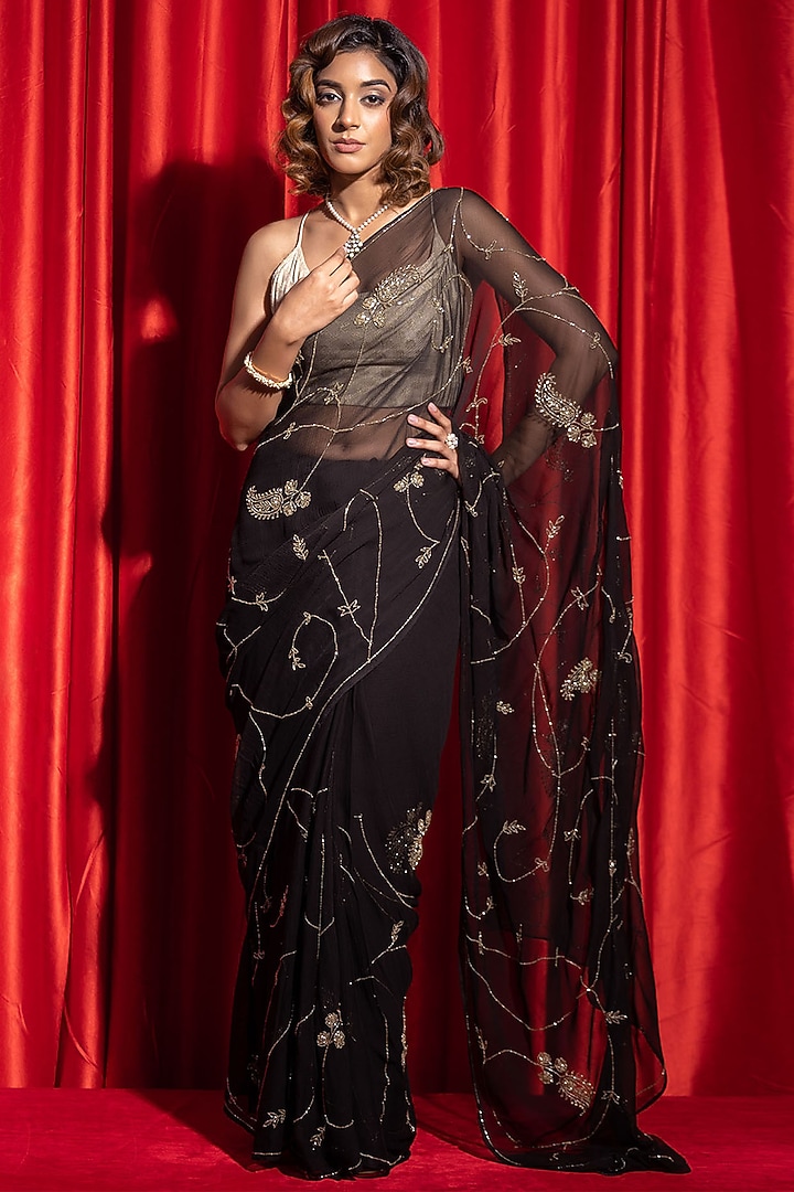 Black Chiffon Jaal Work Wedding Saree Set by Geroo Jaipur at Pernia's Pop Up Shop