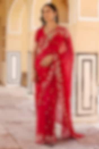 Pink Chiffon Hand Embroidered Pre-Draped Wedding Saree Set by Geroo Jaipur at Pernia's Pop Up Shop