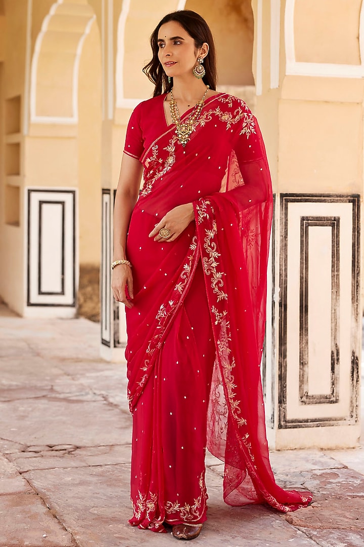 Pink Chiffon Hand Embroidered Pre-Draped Wedding Saree Set by Geroo Jaipur at Pernia's Pop Up Shop