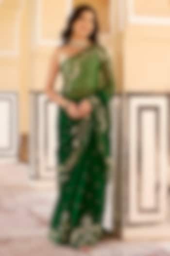 Green Chiffon Hand Embroidered Pre-Draped Wedding Saree Set by Geroo Jaipur at Pernia's Pop Up Shop