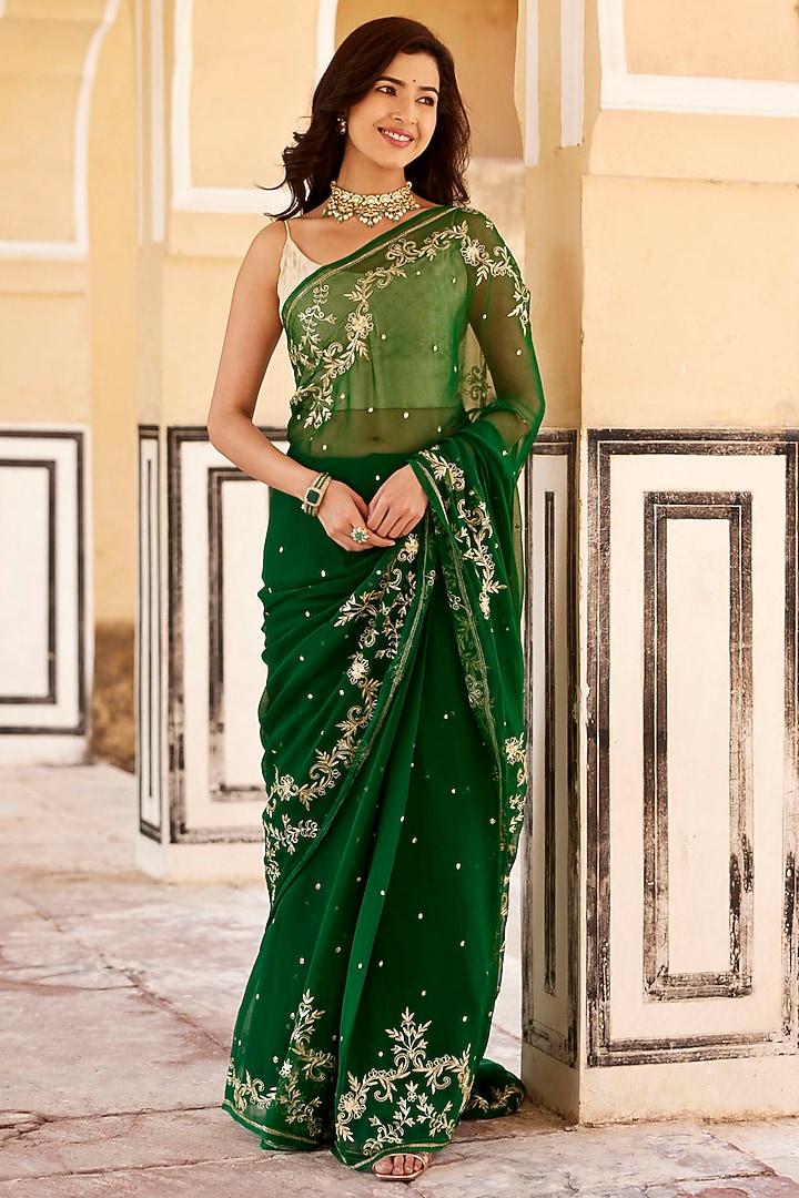 Green Chiffon Hand Embroidered Pre-Draped Wedding Saree Set by Geroo Jaipur at Pernia's Pop Up Shop