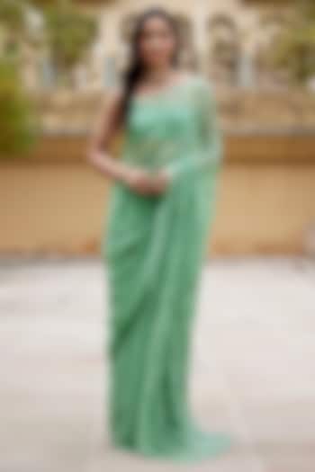 Green Chiffon Jaal Work Wedding Saree Set by Geroo Jaipur at Pernia's Pop Up Shop