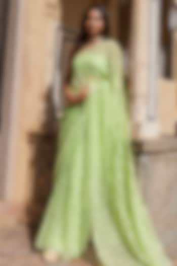 Lime Green Chiffon Jaal Work Party Wear Saree Set by Geroo Jaipur at Pernia's Pop Up Shop