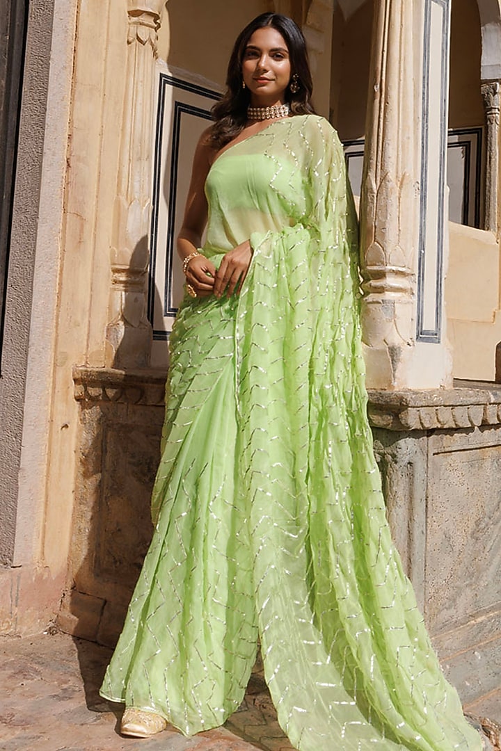 Lime Green Chiffon Jaal Work Party Wear Saree Set by Geroo Jaipur at Pernia's Pop Up Shop