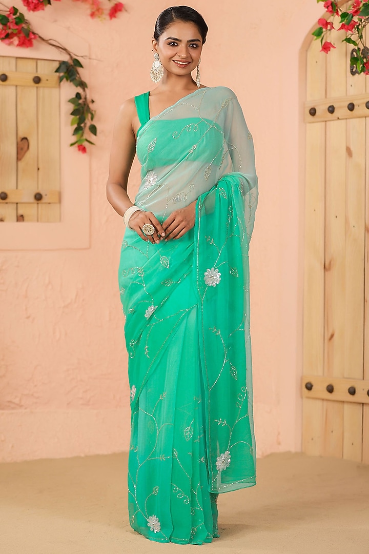 Sea Green Chiffon Embroidered Wedding Saree Set by Geroo Jaipur at Pernia's Pop Up Shop