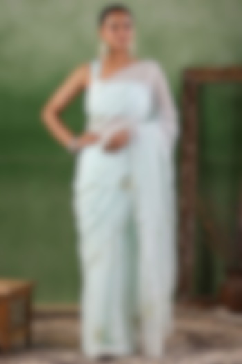 Light Blue Chiffon Embroidered Wedding Saree Set by Geroo Jaipur at Pernia's Pop Up Shop