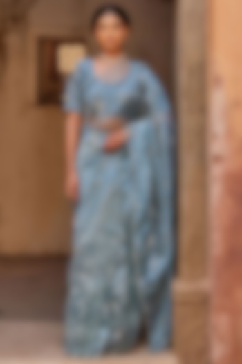 Blue Tissue Embroidered Pre-Draped Wedding Saree Set by Geroo Jaipur at Pernia's Pop Up Shop