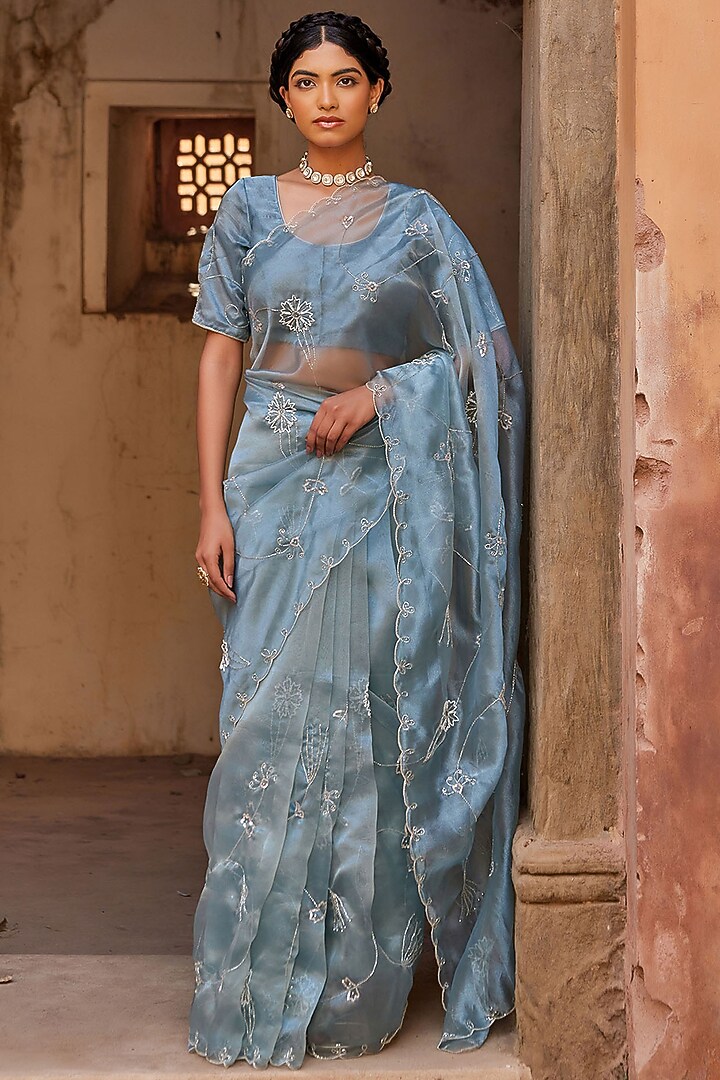 Blue Tissue Embroidered Pre-Draped Wedding Saree Set by Geroo Jaipur at Pernia's Pop Up Shop