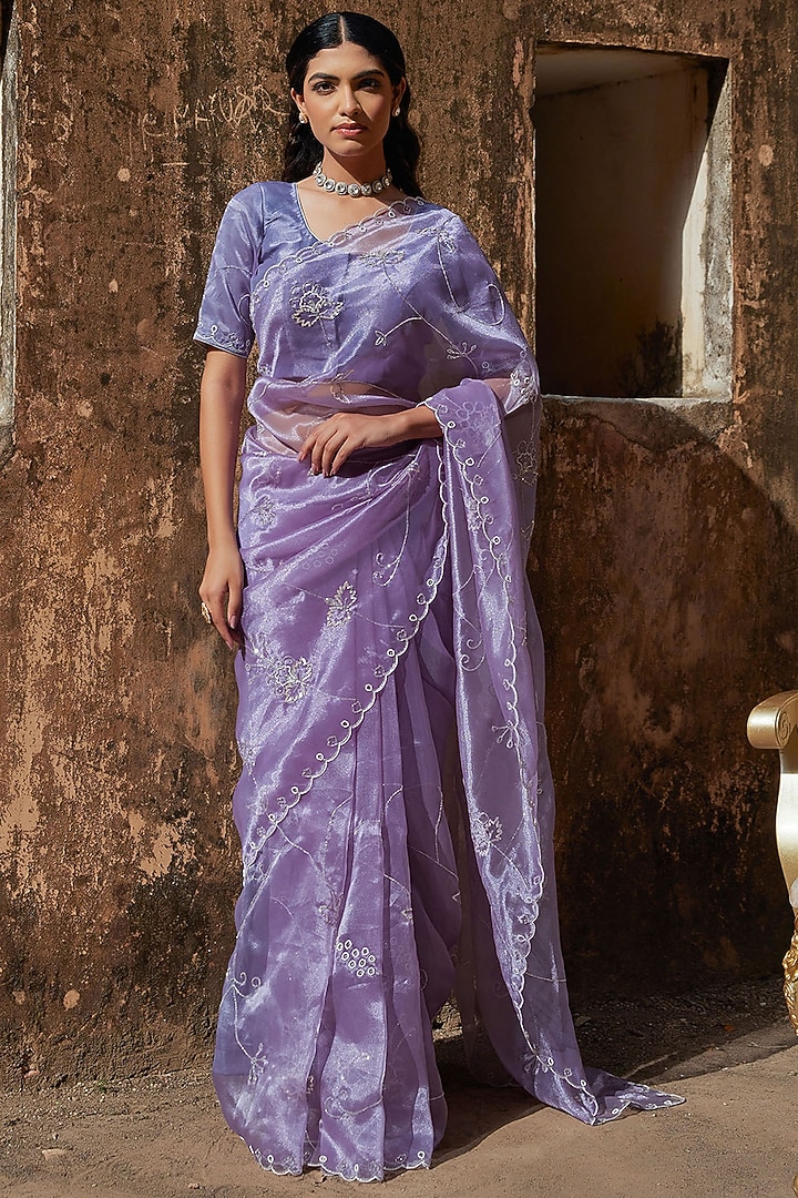 Lilac Tissue Embroidered Pre-Draped Wedding Saree Set by Geroo Jaipur at Pernia's Pop Up Shop
