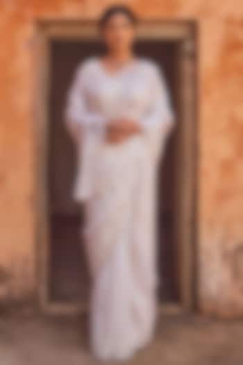 White Tissue Embroidered Pre-Draped Wedding Saree Set by Geroo Jaipur at Pernia's Pop Up Shop