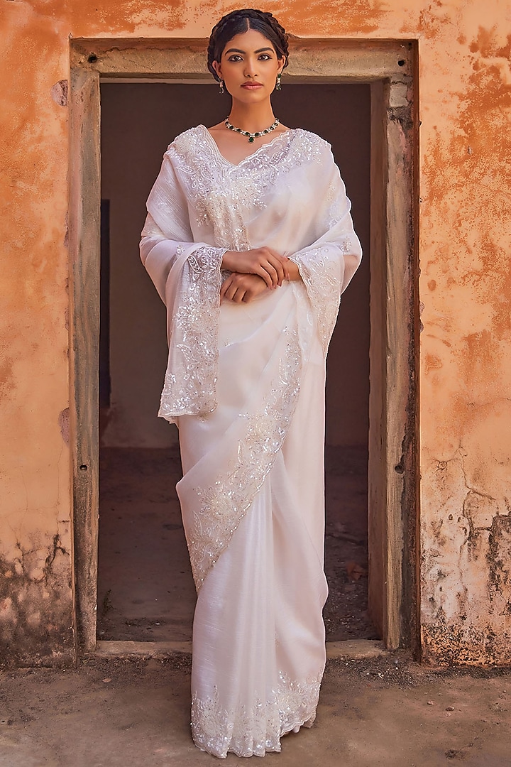 White Tissue Embroidered Pre-Draped Wedding Saree Set by Geroo Jaipur at Pernia's Pop Up Shop