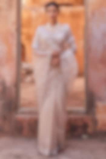 Dusty Silver Tissue Embroidered Pre-Draped Wedding Saree Set by Geroo Jaipur at Pernia's Pop Up Shop