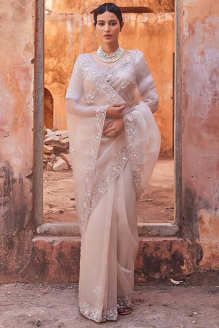 Dusty Silver Tissue Embroidered Pre-Draped Wedding Saree Set by Geroo Jaipur at Pernia's Pop Up Shop