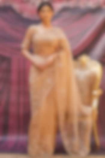 Champagne Gold Tissue Embroidered Pre-Draped Wedding Saree Set by Geroo Jaipur at Pernia's Pop Up Shop