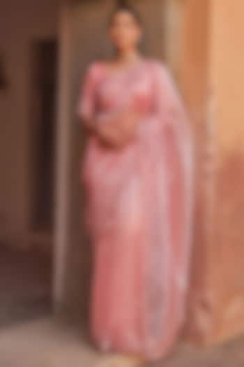 Mauve Pink Tissue Embroidered Pre-Draped Wedding Saree Set by Geroo Jaipur at Pernia's Pop Up Shop