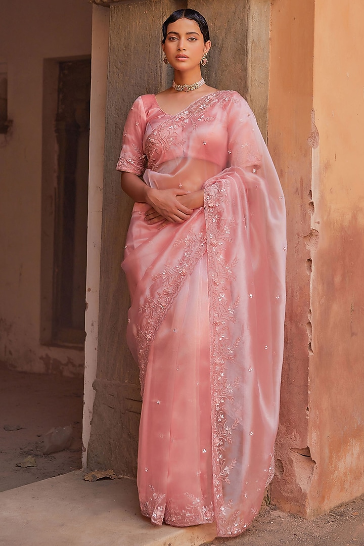 Mauve Pink Tissue Embroidered Pre-Draped Wedding Saree Set by Geroo Jaipur at Pernia's Pop Up Shop