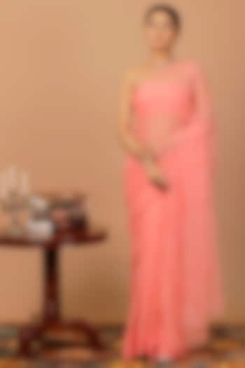 Pink Chiffon Sequins Embroidered Pre-Draped Wedding Saree Set by Geroo Jaipur at Pernia's Pop Up Shop