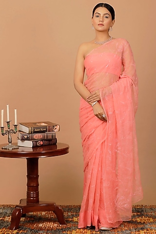 Pink Chiffon Sequins Embroidered Pre-Draped Saree Set by Geroo Jaipur