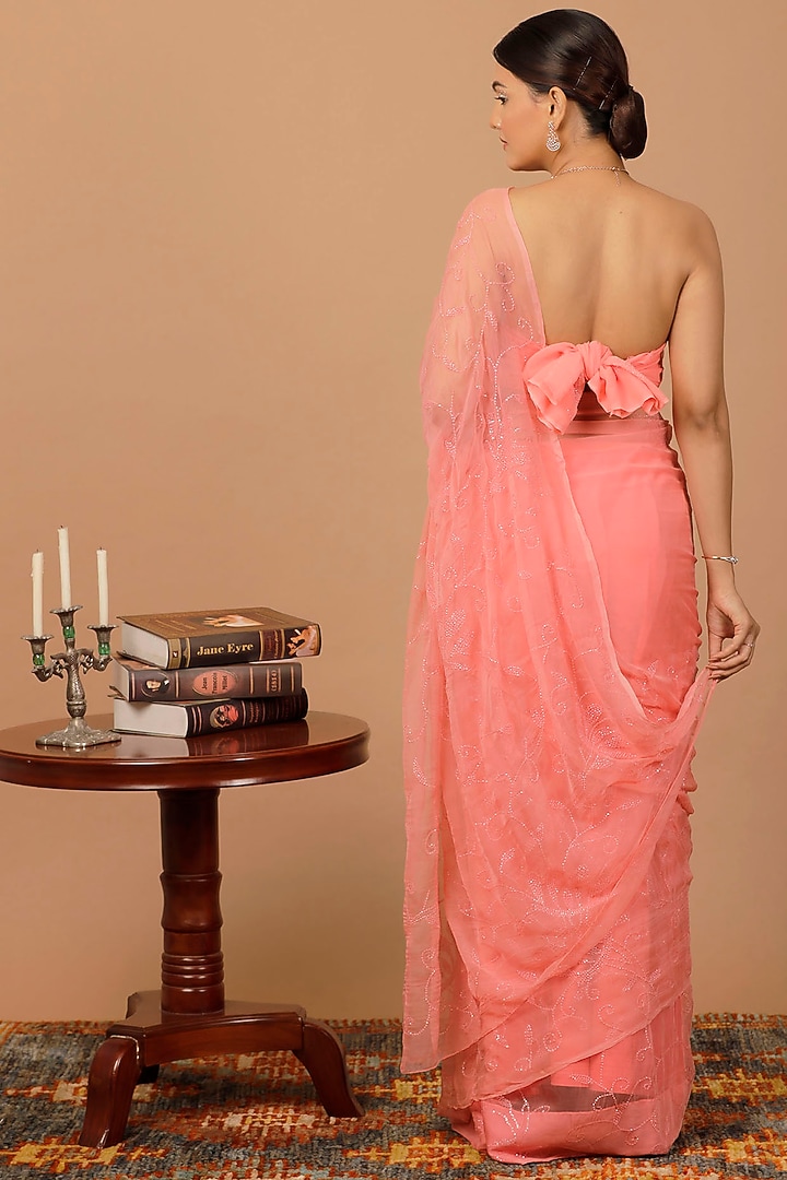Pink Chiffon Sequins Embroidered Pre-Draped Wedding Saree Set by Geroo Jaipur at Pernia's Pop Up Shop